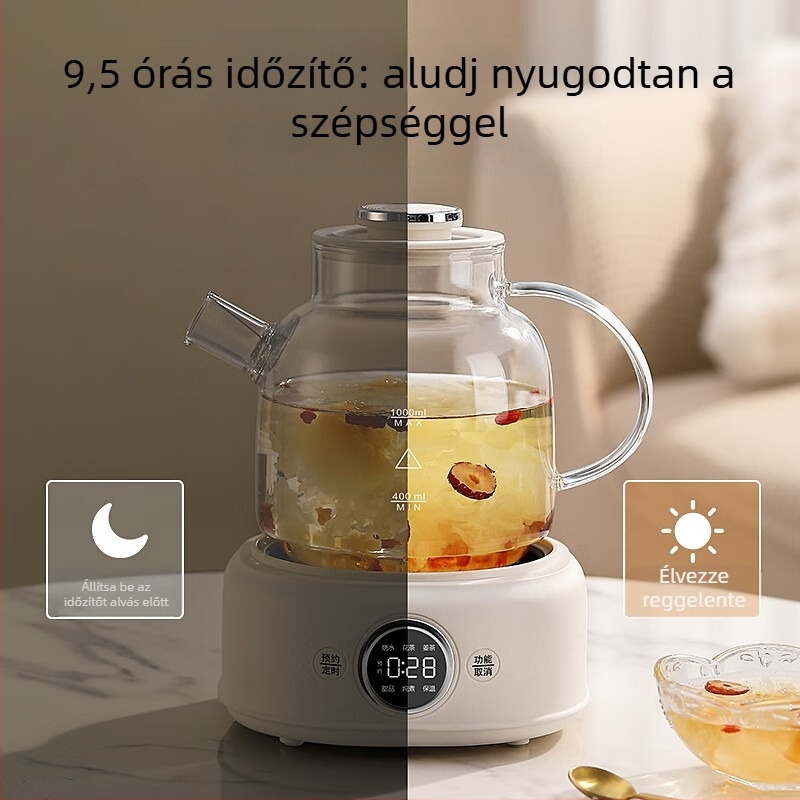 Teáskanna magas hőálló üvegből, D11 modell, kapacitás legfeljebb 1 L, 220 V, 400–500 W, mikroprocesszoros vezérlés