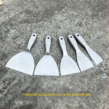 Egyetlen darabból készült, vastított rozsdamentes acél nyéllel ellátott glettelő kés, szélesség 150 mm, modell 255