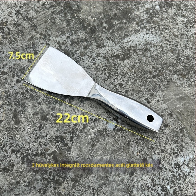 Egyetlen darabból készült, vastított rozsdamentes acél nyéllel ellátott glettelő kés, szélesség 150 mm, modell 255