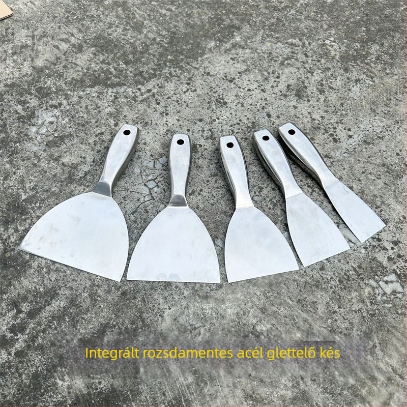 Egyetlen darabból készült, vastított rozsdamentes acél nyéllel ellátott glettelő kés, szélesség 150 mm, modell 255