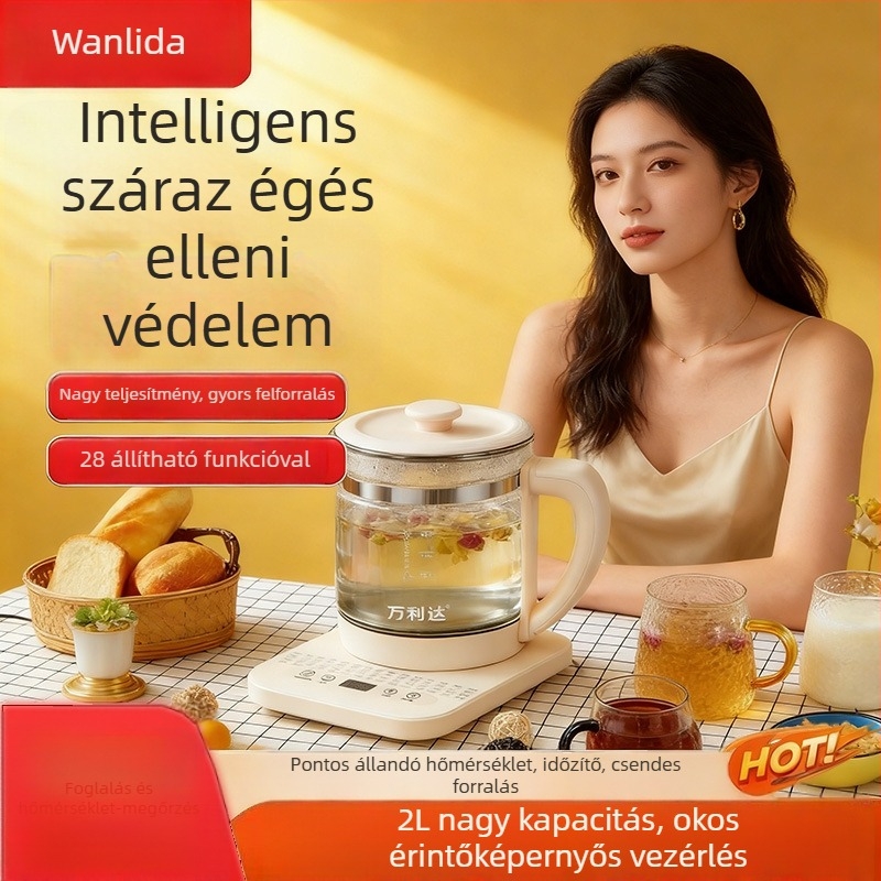 Wanlida Elektromos egészség-teáskanna, 1,5–2 L kapacitás, üvegből készült test, 220 V, 500–1000 W, digitális termosztát