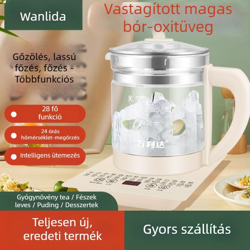 Wanlida Elektromos egészség-teáskanna, 1,5–2 L kapacitás, üvegből készült test, 220 V, 500–1000 W, digitális termosztát