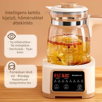 Chigo Iroda Egészségtea Kanna, Modell XSL-TNQ15, Boroszilikát üvegből készült test, 1.5-2 L, 220V, 500-1000W, Elektronikus termosztát mikroprocesszoros vezérléssel