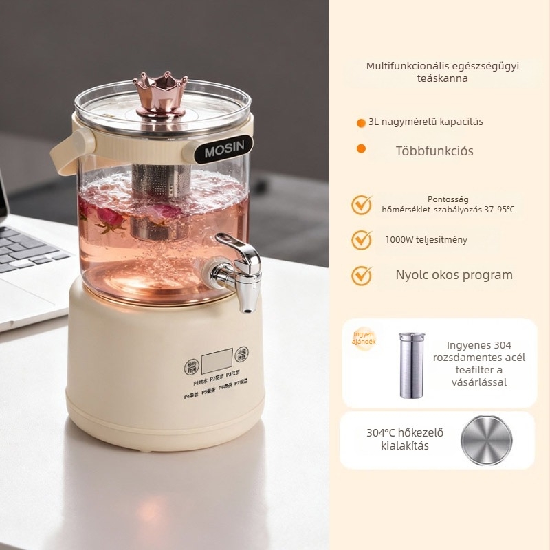 Egészséges teafőző 2–3L, test boroszilikát üvegből, 800W, 220V, érintéses vezérlés