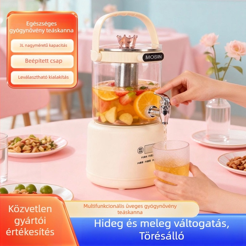Egészséges teafőző 2–3L, test boroszilikát üvegből, 800W, 220V, érintéses vezérlés