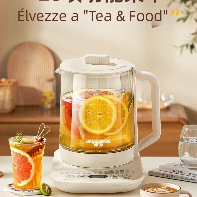 Egészséges teafőző üveggel, 1.5–2 L, 220 V, 500–1000 W, elektronikus termosztáttal
