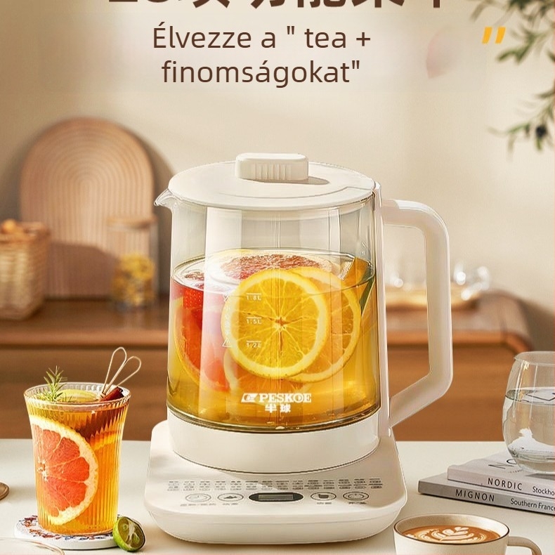 Egészséges teafőző üveggel, 1.5–2 L, 220 V, 500–1000 W, elektronikus termosztáttal