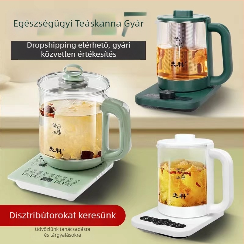 Okos üvegű elektromos teáskanna, modell YH-H8, kapacitás 1,5–2 L, 220 V, 500–1000 W, magas boroszilikát üveg