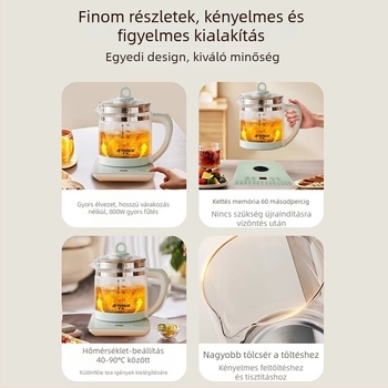 1.5–2 L üvegtestű, többfunkciós vízforraló, érintéses vezérlés, digitális termosztát, 800W, 220V