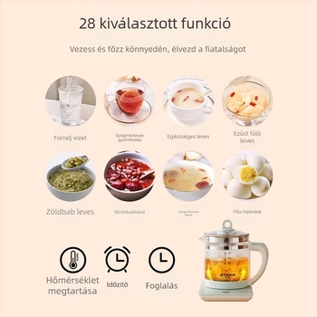 1.5–2 L üvegtestű, többfunkciós vízforraló, érintéses vezérlés, digitális termosztát, 800W, 220V