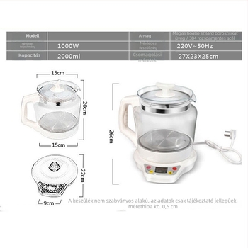 Magas boroszilikát üvegből készült egészségügyi főzőedény, 1,5–2 L kapacitás, 1000 W, 220 V, intelligens chip és hagyományos kínai gyógyászat decoctálása, modell DQ-801