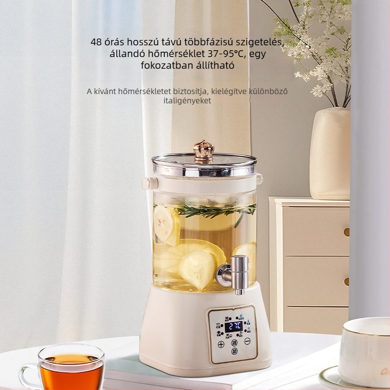 Egészség teáskanna csappal, többfunkciós üveges teáskanna digitális termosztáttal és mikroprocesszoros vezérléssel (1,5–2 L, 800 W, 220 V, üveges belső tartály)