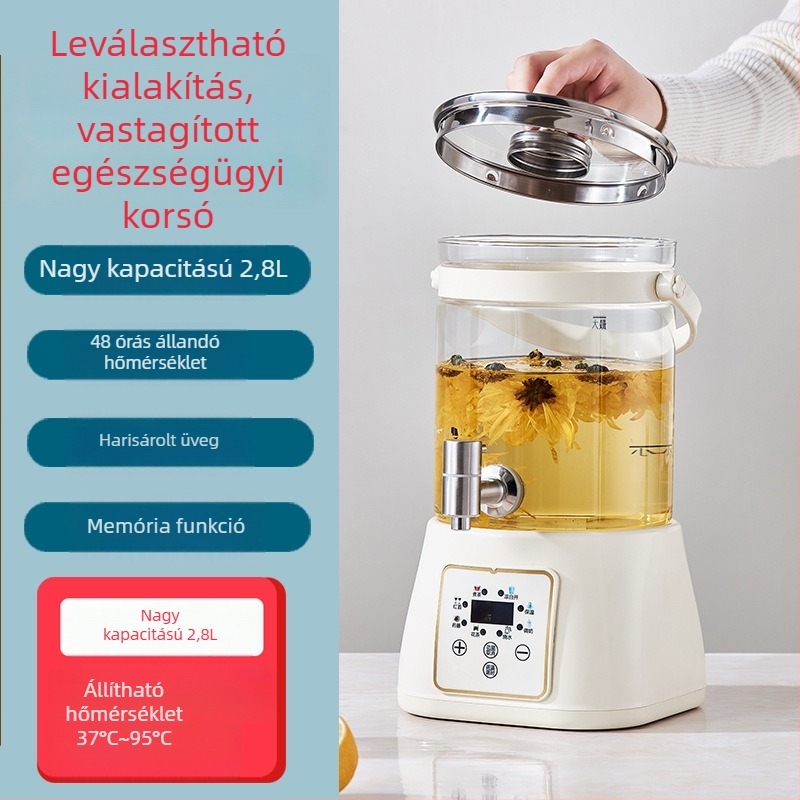 Egészség teáskanna csappal, többfunkciós üveges teáskanna digitális termosztáttal és mikroprocesszoros vezérléssel (1,5–2 L, 800 W, 220 V, üveges belső tartály)