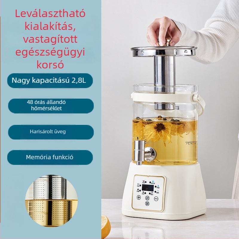 Egészség teáskanna csappal, többfunkciós üveges teáskanna digitális termosztáttal és mikroprocesszoros vezérléssel (1,5–2 L, 800 W, 220 V, üveges belső tartály)