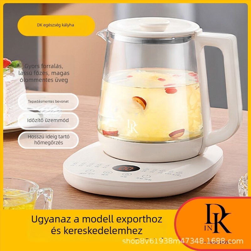DK intelligens egészségügyi edény teához és pörköltkhöz — 1,5 L, magas boroszilikát üveg, 800W, érintéses vezérlés, ütemezett előbeállítás