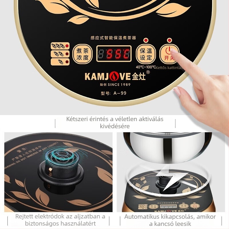 Kamjove A-99 Wellness teáskanna permetező funkcióval — üvegből készült test, belső 304 rozsdamentes acél tartály, 2 L kapacitás, 700 W, érintéses vezérlés digitális termosztáttal