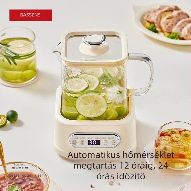 BASSENS BS-D1plus Üveges egészség-teáskannája, 1 L, Elektronikus termosztát, Mikroprocesszoros vezérlés, 220V, 500–1000W