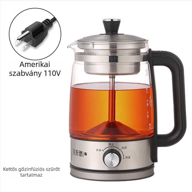 Automata teafőző készülék, 110V, üveg belső tartály, rozsdamentes ház, 1–1,5 l, 600 W, modell JY068