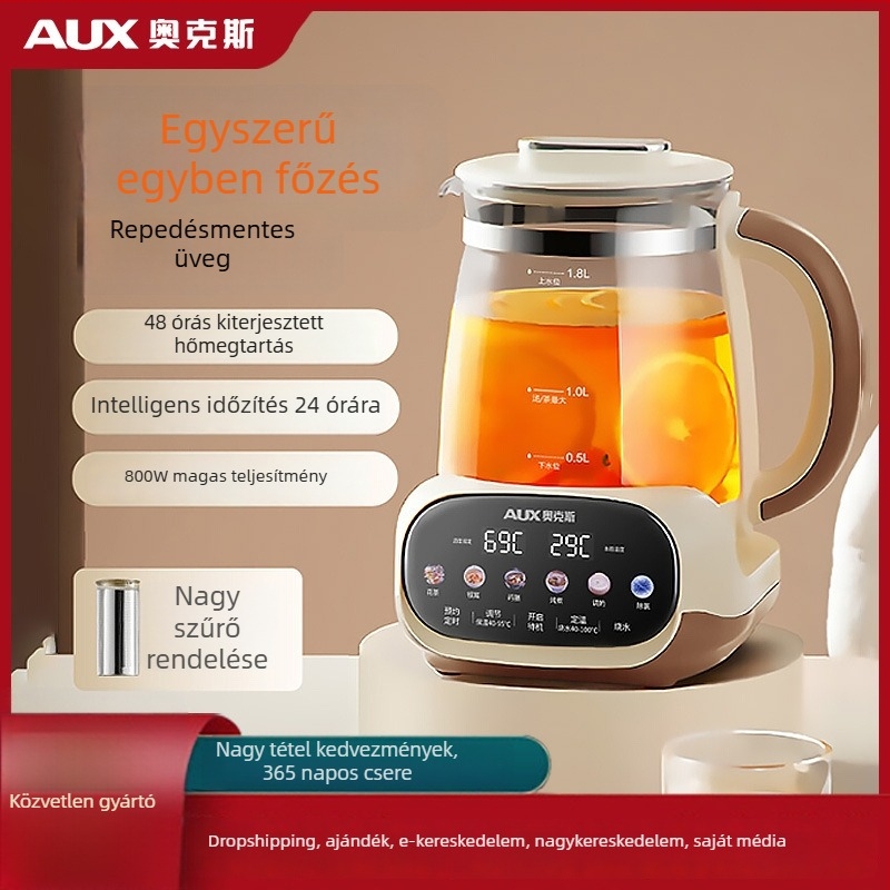 Oaks Health Pot, funkcionális üveg teáskanna, 1.5–2 L, 220 V, 800 W, érintéses vezérlés, digitális termosztát