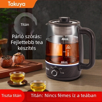 Teáskanna-stílusú teaöntő készülék, boroszilikát üvegből készült testtel, 1–1,5 l kapacitás, 220 V, 500–1000 W.
