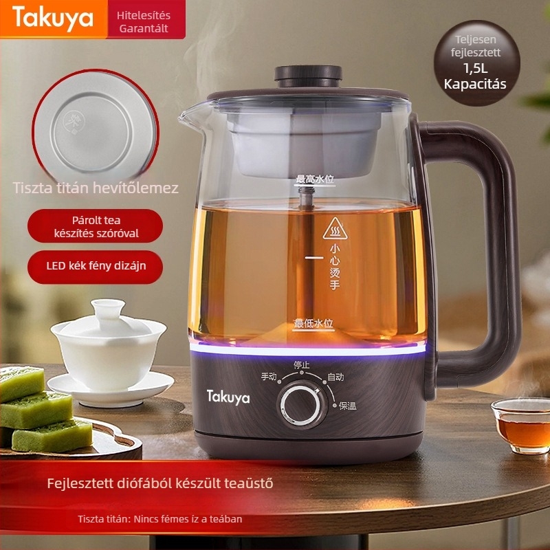 Teáskanna-stílusú teaöntő készülék, boroszilikát üvegből készült testtel, 1–1,5 l kapacitás, 220 V, 500–1000 W.
