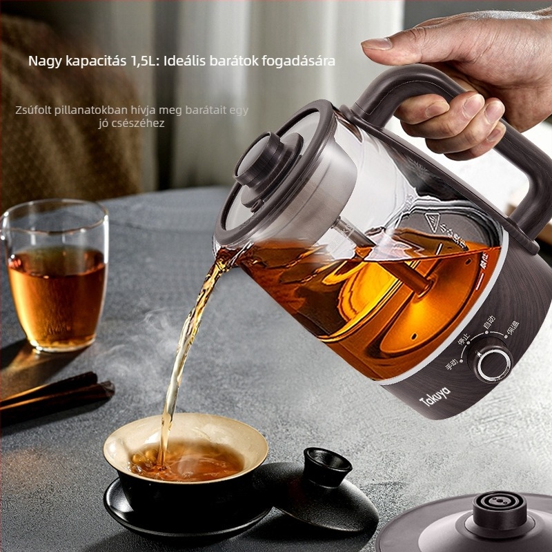 Teáskanna-stílusú teaöntő készülék, boroszilikát üvegből készült testtel, 1–1,5 l kapacitás, 220 V, 500–1000 W.