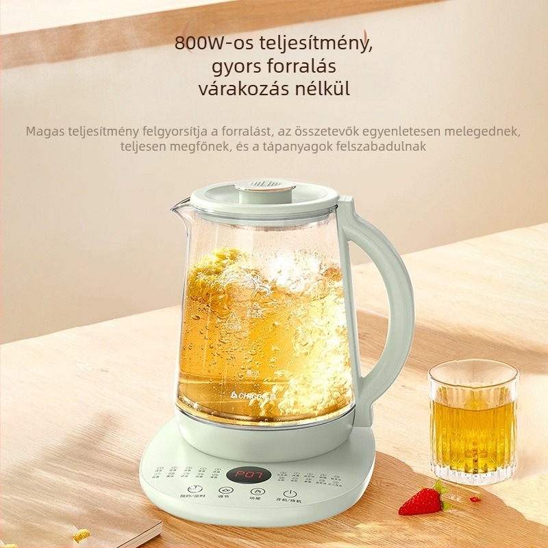 Chigo Egészség teás kanna – Többfunkciós üveg virág teáskanna, modell DC-3B07, 220V, 500–1000W, érintéses vezérlés, digitális termosztát
