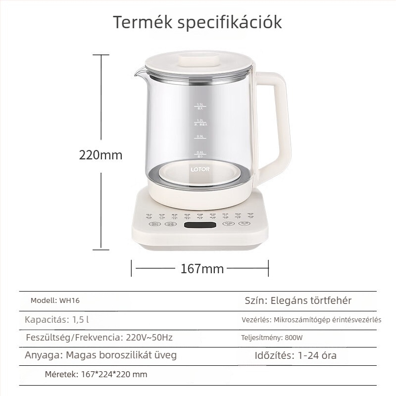 Lotors egészségmegőrző üveg elektromos teáskanna, kompakt 1–1,5 l, teljesen automata, hőtartó, virágtea készítő
