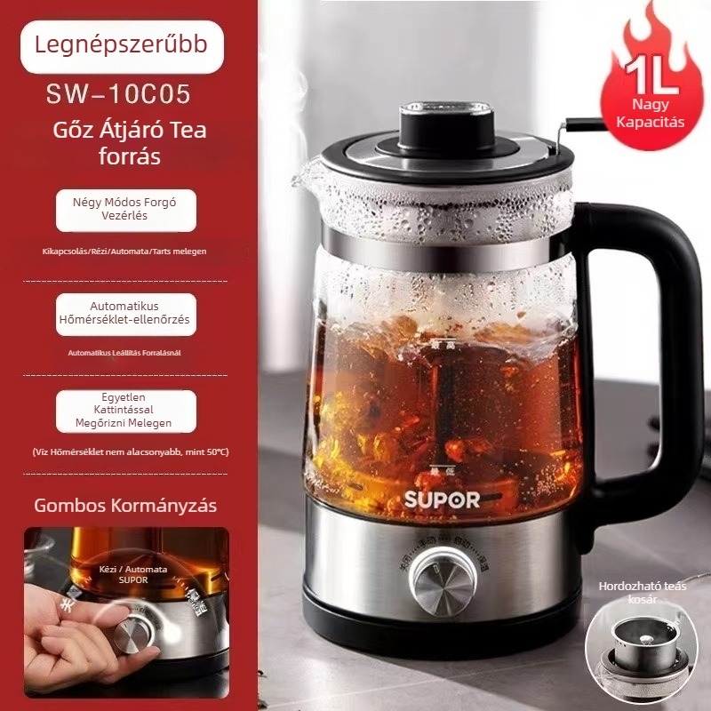 SW-10C05 tea készítő készülék, 1–1,5 L kapacitás, 220 V, mechanikus vezérlés, üveg belső tartály, 2–3 személyre