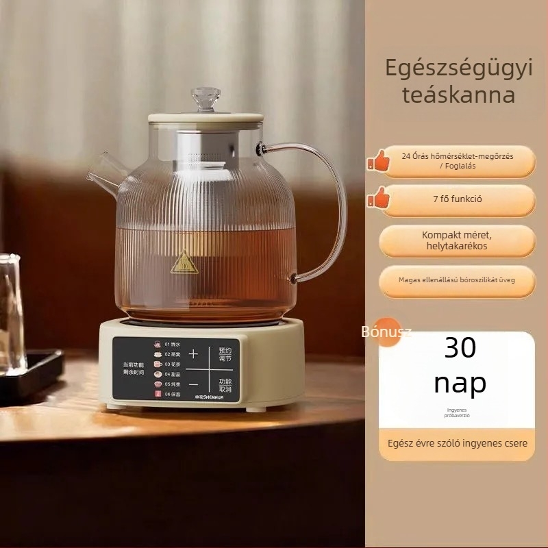 Levehető egészség teáskanna üvegtesttel, 1,5 L, 220 V, 500 W, mikroprocesszoros vezérlés és növényi decoct funkció