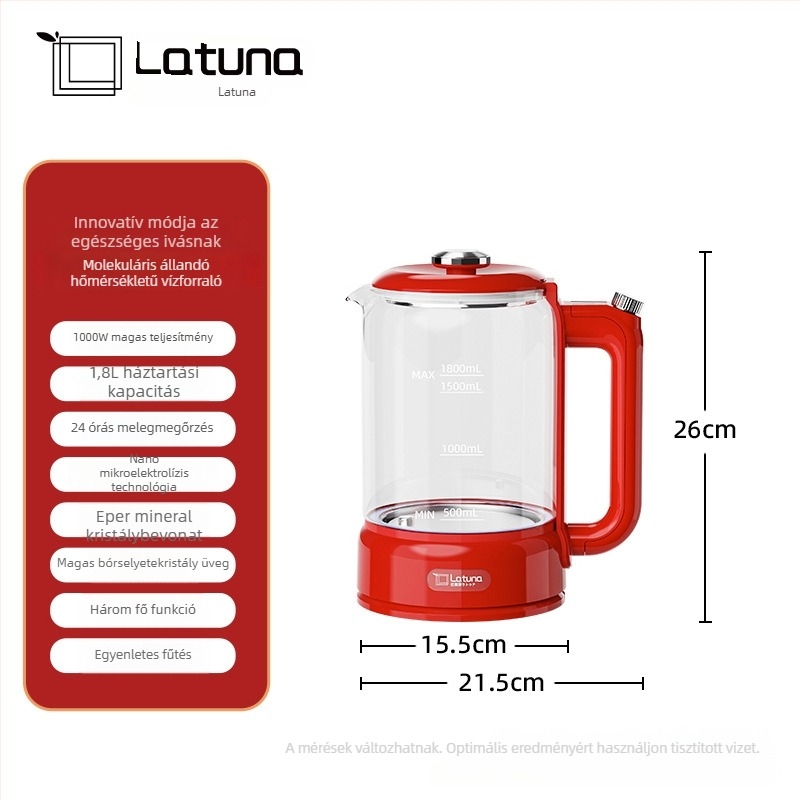 LATUNA Jhr-sh1801 otthoni teáskanna magas boroszilikát üvegből, 1.5-2 L, 220 V, 500-1000 W, állandó hőmérséklet