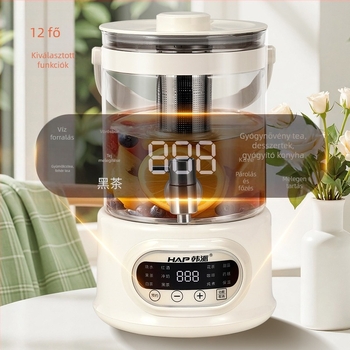 Egészségvédő virágtea kanna – Le- és leválasztható kialakítás, 1.1–1.2 L kapacitás, boroszilikát üveg test, 800 W, 220 V, digitális termosztáttal érintőképernyővel