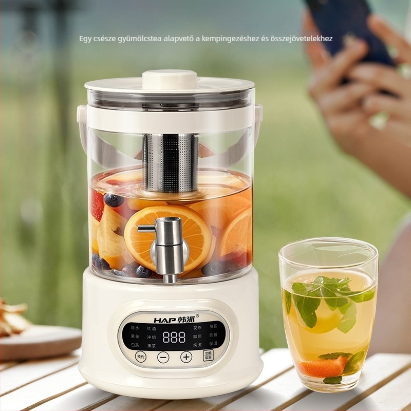 Egészségvédő virágtea kanna – Le- és leválasztható kialakítás, 1.1–1.2 L kapacitás, boroszilikát üveg test, 800 W, 220 V, digitális termosztáttal érintőképernyővel