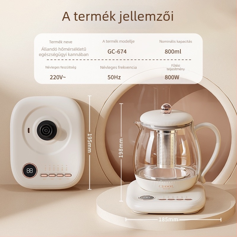 Egészség teáskanna üveg testtel, 0,8 L, 800 W, 220 V, modell GC-674