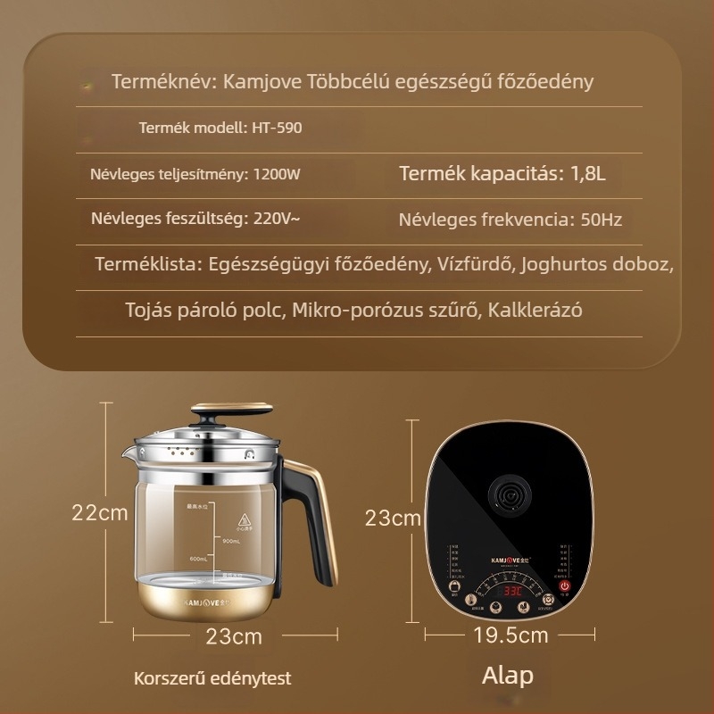 HT-590 Automata egészségügyi decoction edény, üvegszerű test, belső rozsdamentes acél, 1200 W, mikroprocesszoros vezérlés