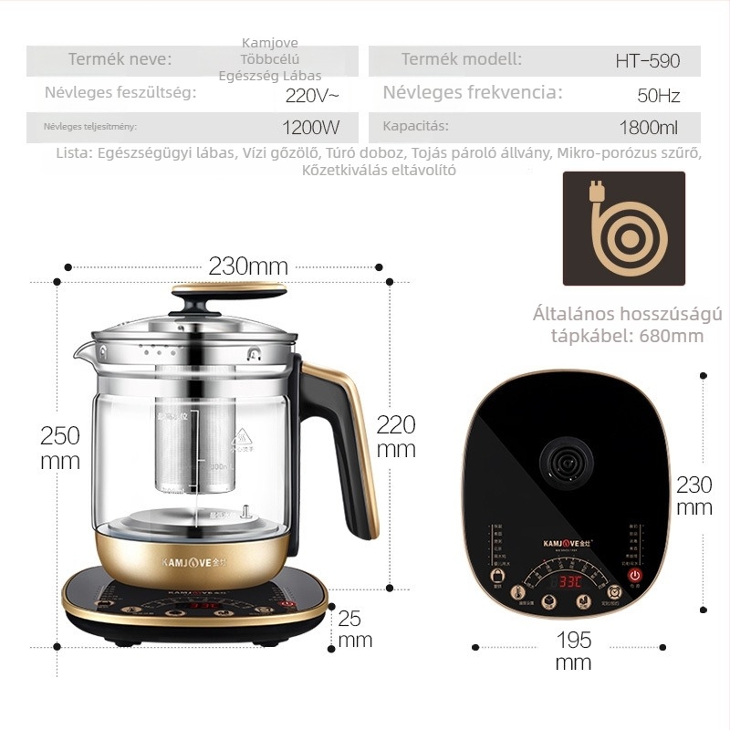 HT-590 Automata egészségügyi decoction edény, üvegszerű test, belső rozsdamentes acél, 1200 W, mikroprocesszoros vezérlés