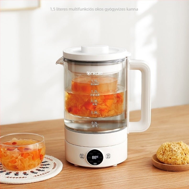 Többfunkciós egészséges teáskanna üvegszerű testtel, 1–1,5 l, 500 W, érintéses vezérlés, belső 304 rozsdamentes acél, teához, gyömbértea és főzetekhez
