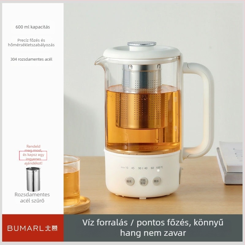 Többfunkciós egészséges teáskanna üvegszerű testtel, 1–1,5 l, 500 W, érintéses vezérlés, belső 304 rozsdamentes acél, teához, gyömbértea és főzetekhez