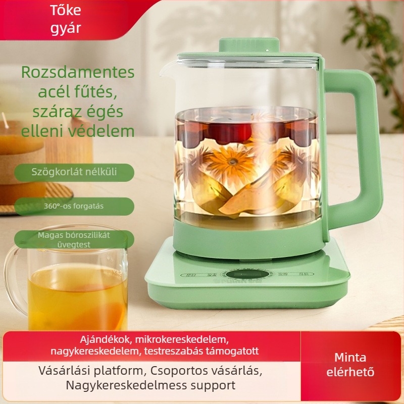 Egészséges teáskanna automata működésű üvegtesttel, kapacitás 1,5–2 L, belső rozsdamentes acél tartály, digitális termosztát, érintéses vezérlés, 220V, 500–1000W