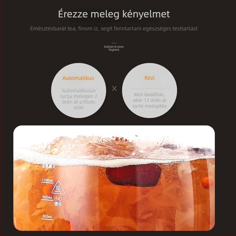 Egészség teáskanna infúzióval, 2L kapacitás, kerámiás belső tartály, 220V, 300–350W, automatikus melegen tartás