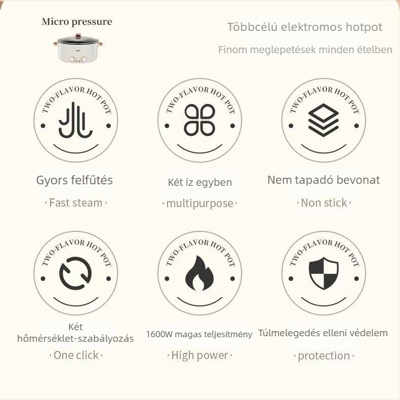 Mindenfunkciós elektromos forró edény otthoni használatra, kapacitás 4,1–6 l, 4–5 személyre, belső keret rozsdamentes acél, vezérlés gombbal, grill és shabu-shabu funkciók