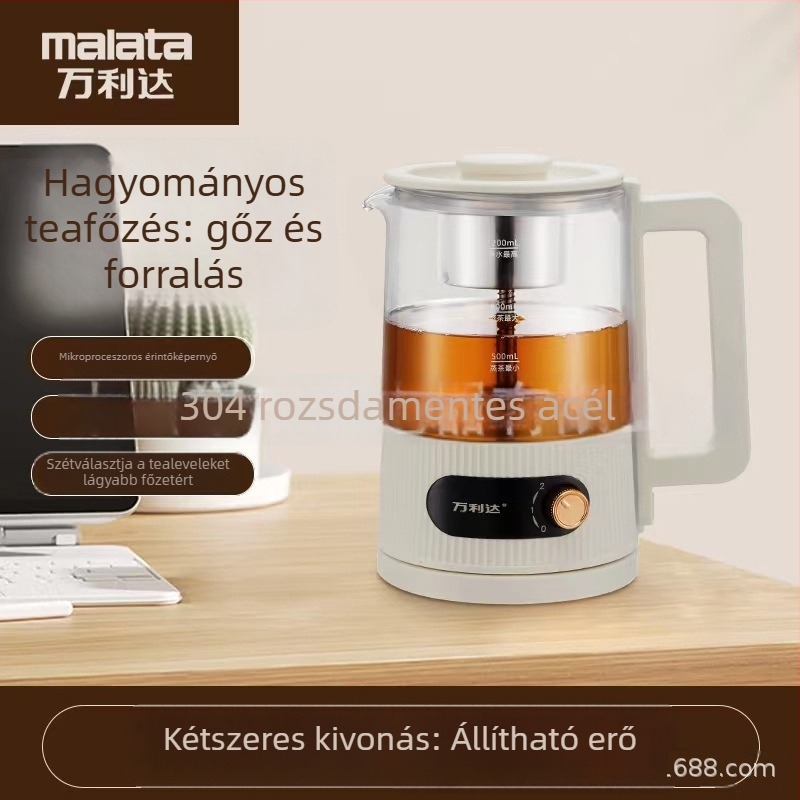 Teljesen automata teakeverő készülék boroszilikát üvegtesttel, kapacitás 1-1.5 L, 220 V, 500-1000 W, érintéses vezérlés és automatikus kikapcsolás