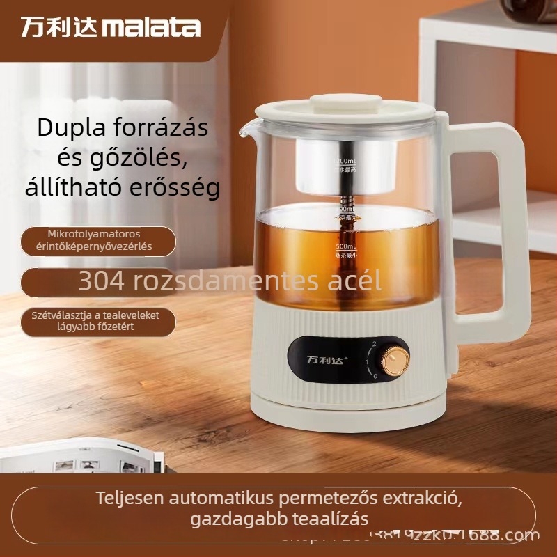 Teljesen automata teakeverő készülék boroszilikát üvegtesttel, kapacitás 1-1.5 L, 220 V, 500-1000 W, érintéses vezérlés és automatikus kikapcsolás
