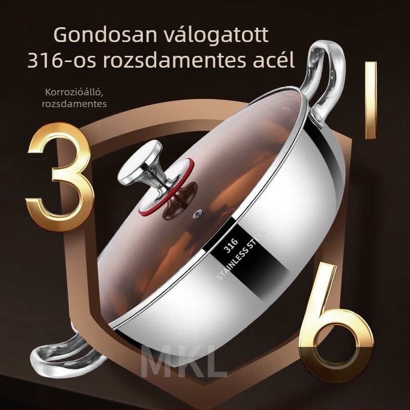 Cooking skills 316 rozsdamentes acélból készült forró fazék, többrétegű aljzattal és üveges fedővel, univerzális tűzhelyhez kompatibilis, kapacitás 4.1–6 L / 6.1–10 L / 10 L+