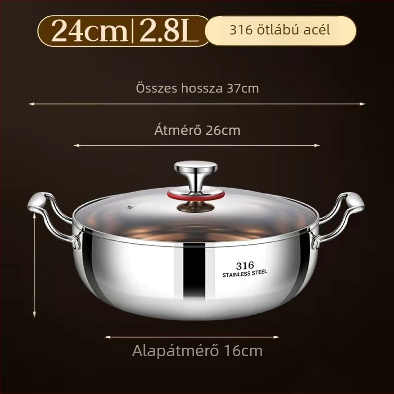 Cooking skills 316 rozsdamentes acélból készült forró fazék, többrétegű aljzattal és üveges fedővel, univerzális tűzhelyhez kompatibilis, kapacitás 4.1–6 L / 6.1–10 L / 10 L+