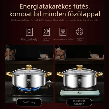 Kétízű Hot Pot rozsdamentes acélból, üvegfedővel, 2,1–4 L kapacitás, univerzális főzőfelülethez kompatibilis