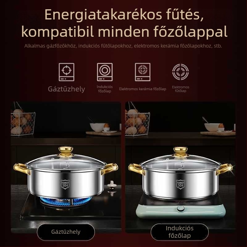 Kétízű Hot Pot rozsdamentes acélból, üvegfedővel, 2,1–4 L kapacitás, univerzális főzőfelülethez kompatibilis