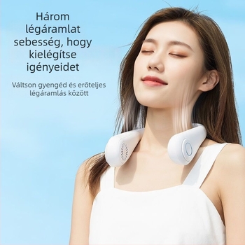 Pengé nélküli nyakba tehető ventilátor, halk, USB mini hordozható, 3 sebesség, beépített 2000–4000 mAh akkumulátor, üzemidő 3–6 óra