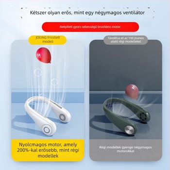 Pengé nélküli nyakba tehető ventilátor, halk, USB mini hordozható, 3 sebesség, beépített 2000–4000 mAh akkumulátor, üzemidő 3–6 óra