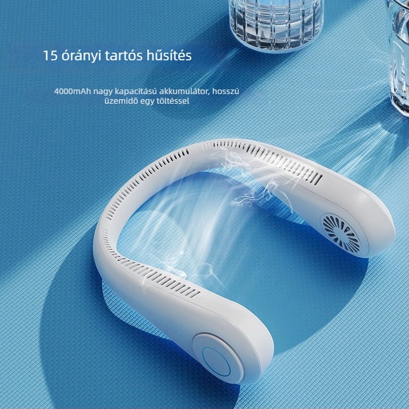 Pengé nélküli nyakba tehető ventilátor, halk, USB mini hordozható, 3 sebesség, beépített 2000–4000 mAh akkumulátor, üzemidő 3–6 óra